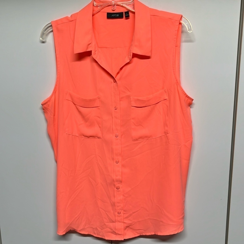 Apt.9 Coral Bright Orange Sleeveless Button Down Blouse Summer